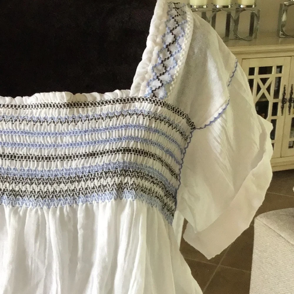 Free People White Smocked Square Neck Peasant Top with Light Blue Trim